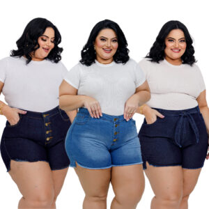 Kit 3 Short Jeans Plus Size cintura alta cinto com lycra e elastano blogueira