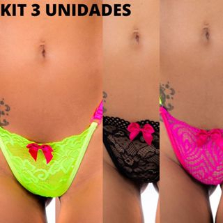 KIT 3 Tangas Neon de Renda Sexy Fluorescente Calcinha Feminina - Imagem 2