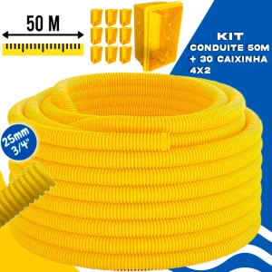 Kit Conduíte Corrugado 3/4 50m Amarelo + 30 Caixinhas 4x2