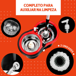 Mop Giratório Cabo De 140Cm C/2 Refil Cesto Em Inox Balde Centrífuga Com Rodinha - Nybc